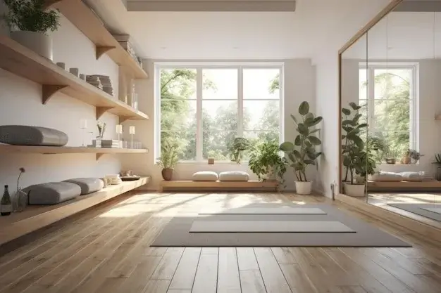 A calm and serene yoga studio interior.